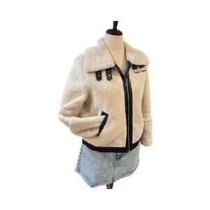 Solitaire Cream Faux Sherpa and Suede Aviator Double Buckle Jacket Large